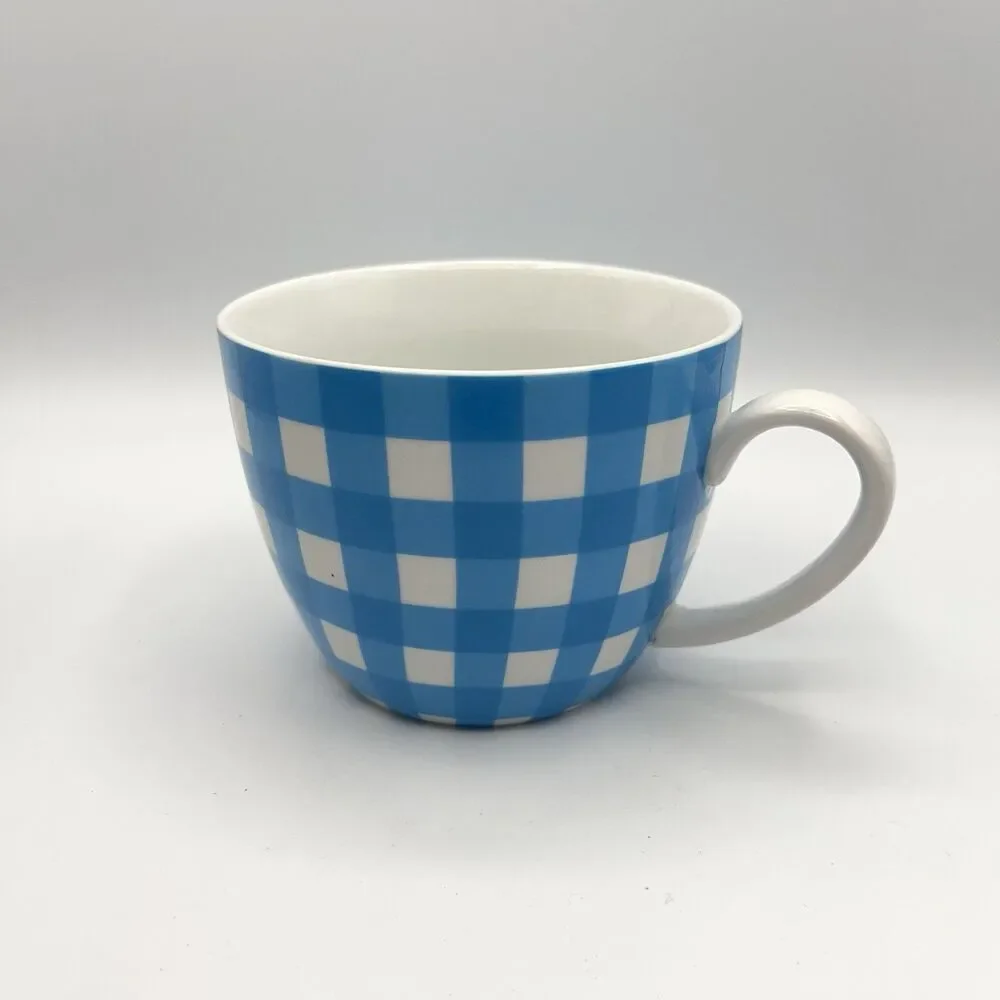 Crate & Barrel Coffee Mug Cup Gingham Plaid Blue White